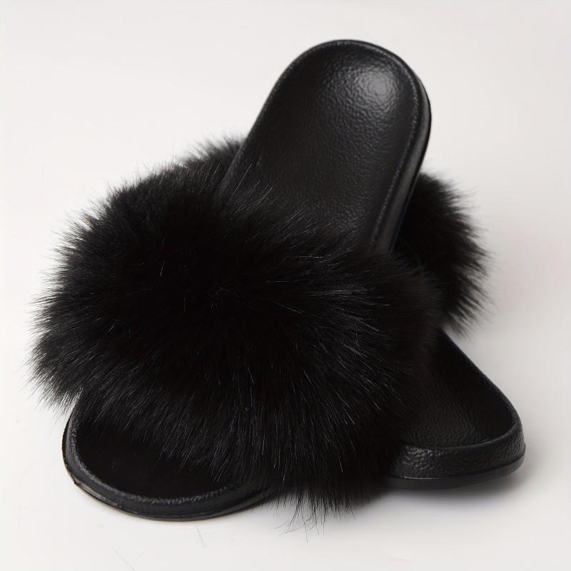 Women's Faux Fur Decor Slippers Slip On Indoor Home Flats