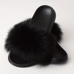 Women's Faux Fur Decor Slippers Slip On Indoor Home Flats