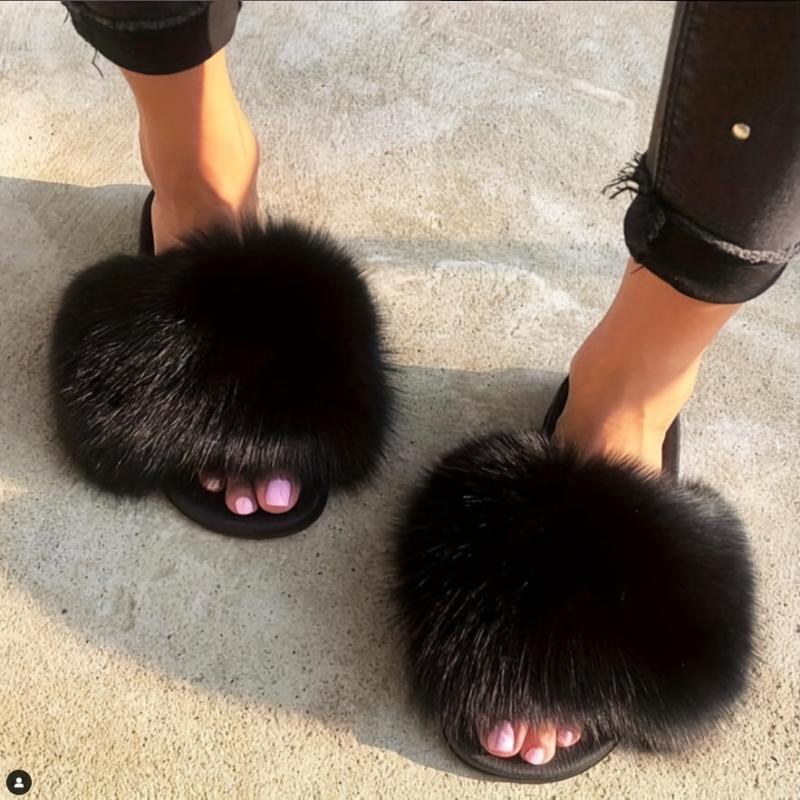 Women's Faux Fur Decor Slippers Slip On Indoor Home Flats