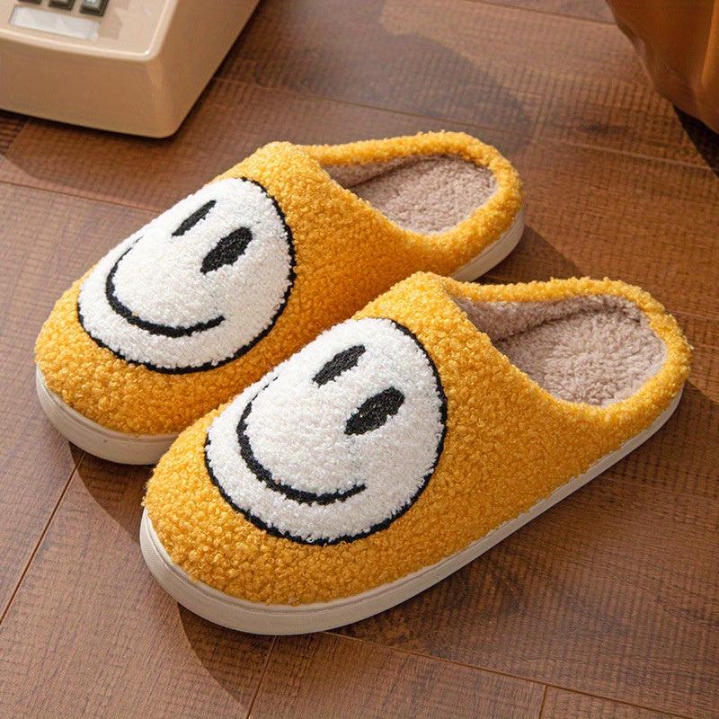 Women's Smiling Printed Plush Slippers Slip On Indoor Flat Shoes