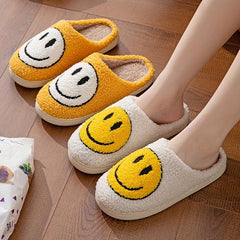 Women's Smiling Printed Plush Slippers Slip On Indoor Flat Shoes