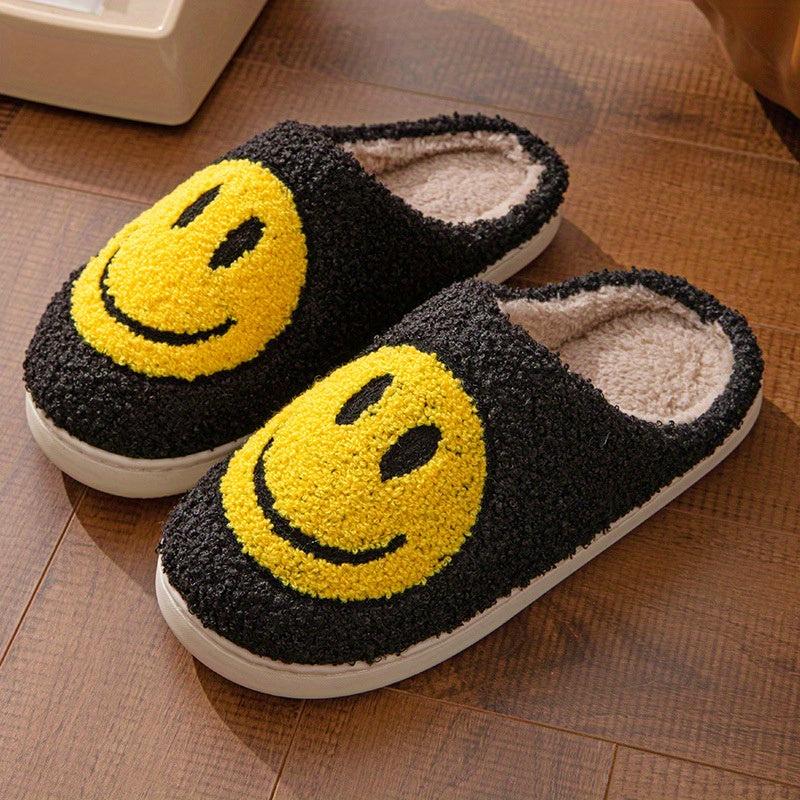 Women's Smiling Printed Plush Slippers Slip On Indoor Flat Shoes