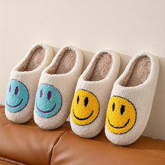 Women's Smiling Printed Plush Slippers Slip On Indoor Flat Shoes