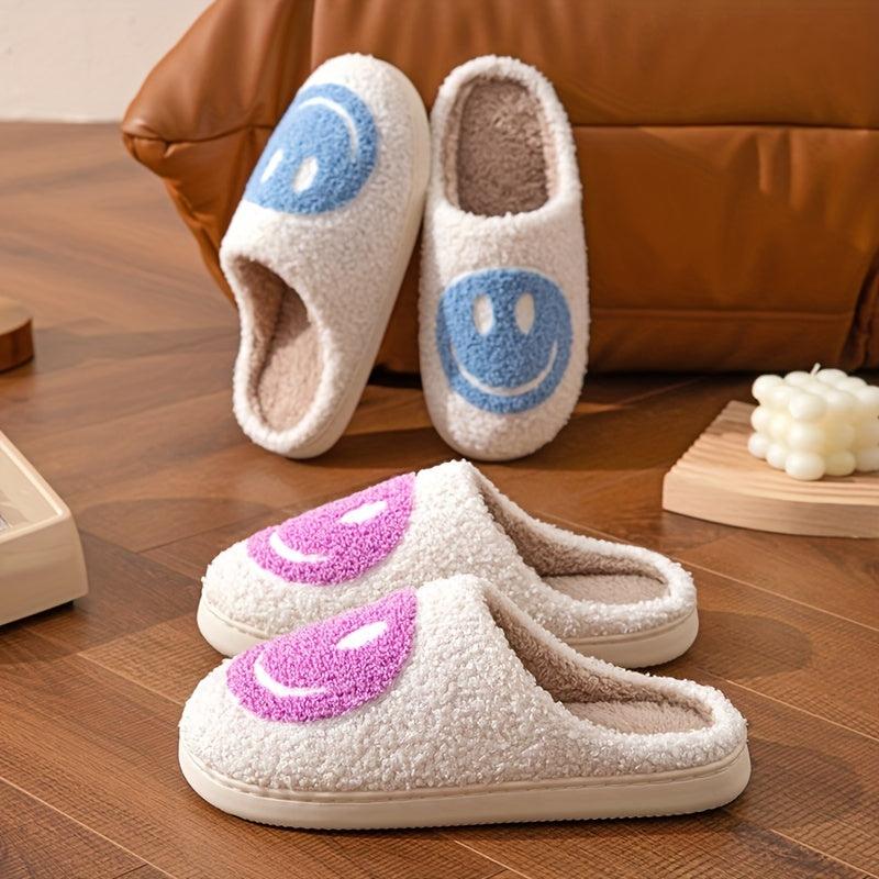 Women's Smiling Printed Plush Slippers Slip On Indoor Flat Shoes
