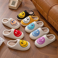 Women's Smiling Printed Plush Slippers Slip On Indoor Flat Shoes