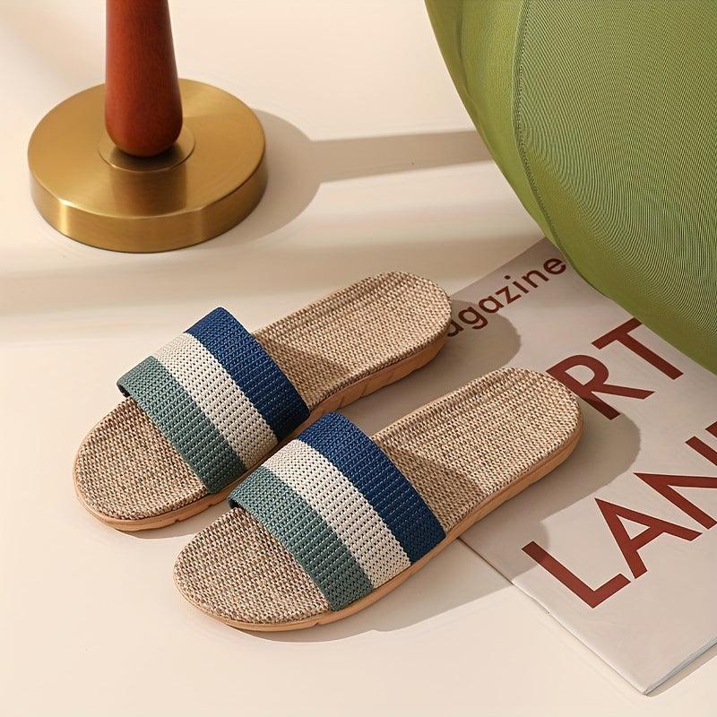 Women's Striped Linen Slides Comfy Quick Drying Non Slip Flat Slides