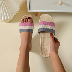 Women's Striped Linen Slides Comfy Quick Drying Non Slip Flat Slides