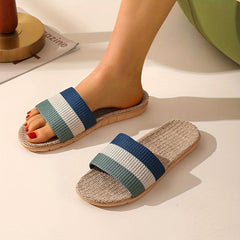 Women's Striped Linen Slides Comfy Quick Drying Non Slip Flat Slides