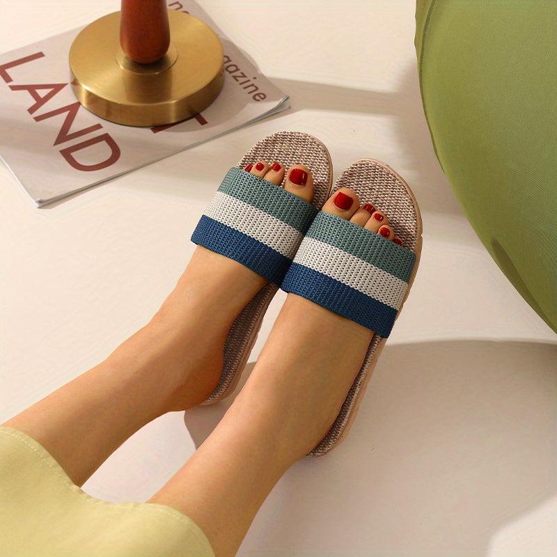 Women's Striped Linen Slides Comfy Quick Drying Non Slip Flat Slides