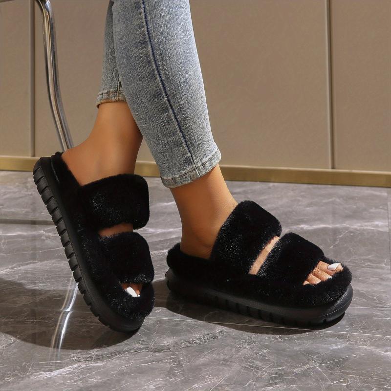 Women's Fuzzy Plush House Slippers Comfy Open Toe Bedroom Fluffy Shoes