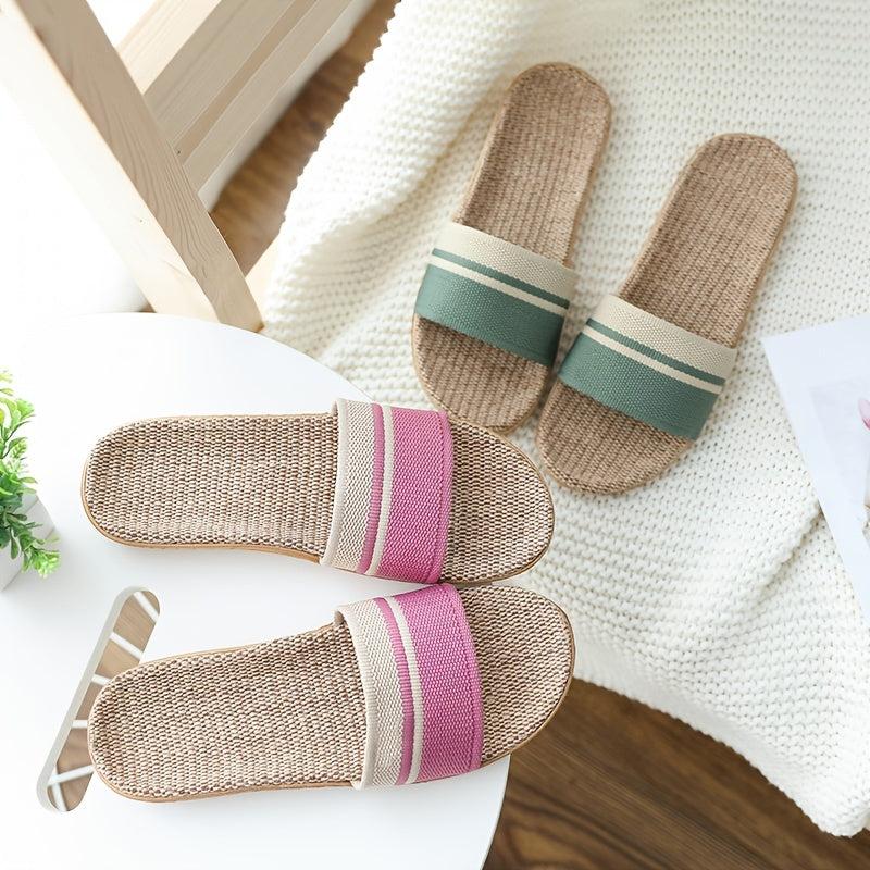 Women's Flax Soft Sole Slippers Striped Flat Home Slides