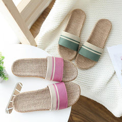 Women's Flax Soft Sole Slippers Striped Flat Home Slides