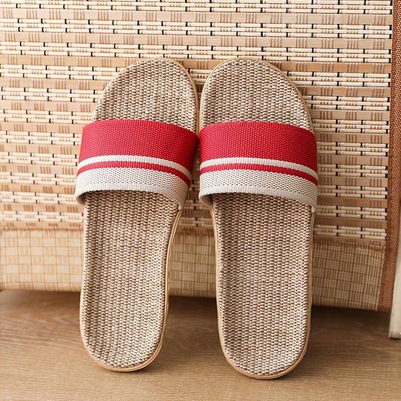 Women's Flax Soft Sole Slippers Striped Flat Home Slides