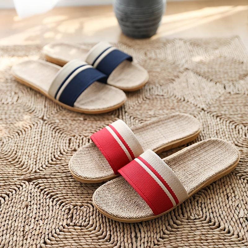 Women's Flax Soft Sole Slippers Striped Flat Home Slides