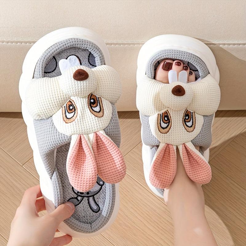 Women's Rabbit Decor Slippers Round Open Toe Slip On Shoes