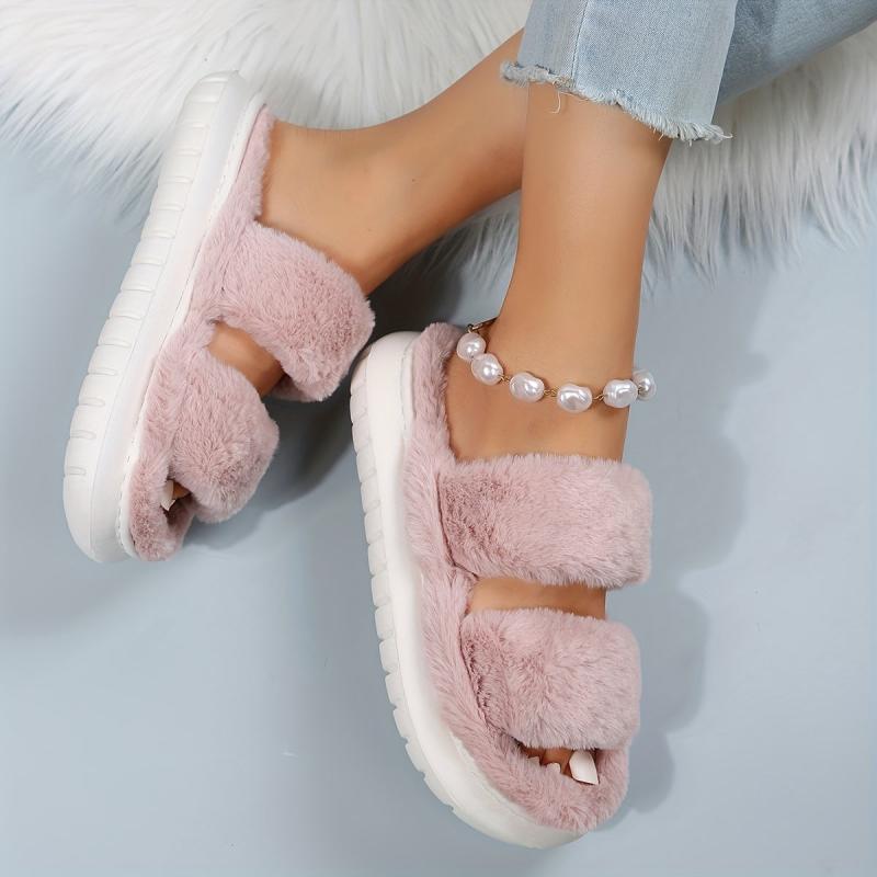 Double Strap Platform Slippers Casual Slip On Plush Shoes