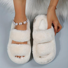Double Strap Platform Slippers Casual Slip On Plush Shoes