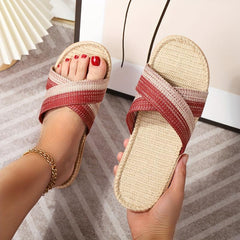 Women's Colorblock Cross Straps Sandals Slip On Open Toe Flat