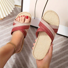Women's Colorblock Cross Straps Sandals Slip On Open Toe Flat