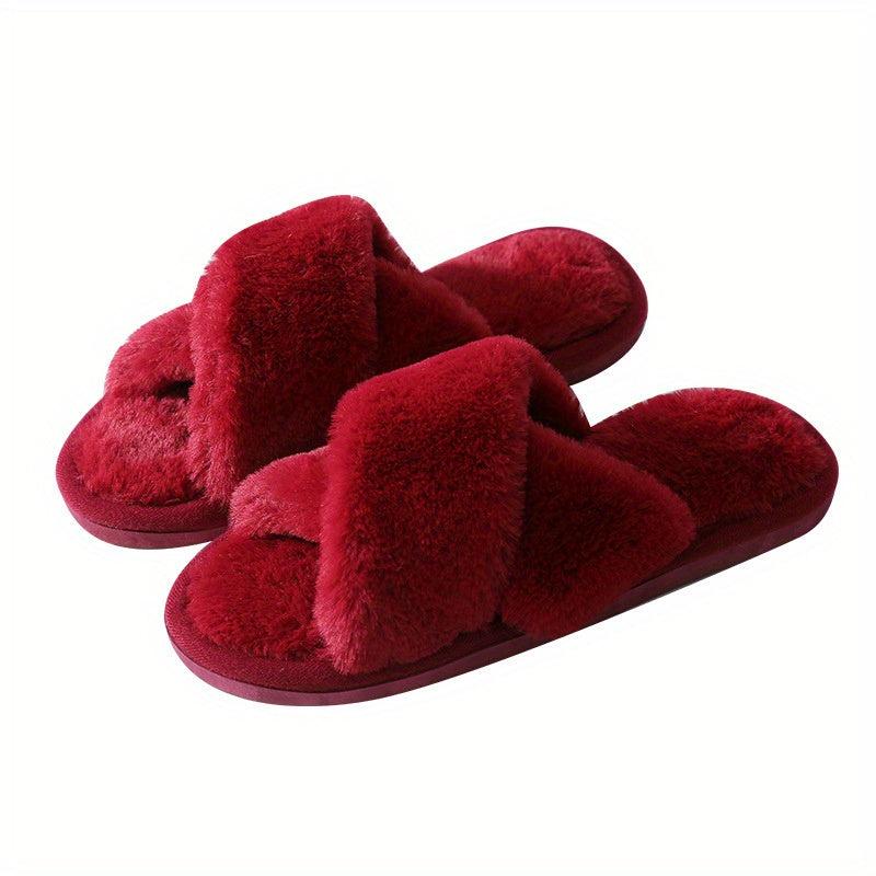 Women's Plush Criss Cross House Slippers Warm Fuzzy Fluffy Open Toe Home Slides