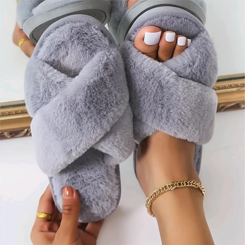 Women's Plush Criss Cross House Slippers Warm Fuzzy Fluffy Open Toe Home Slides
