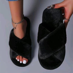 Women's Plush Criss Cross House Slippers Warm Fuzzy Fluffy Open Toe Home Slides
