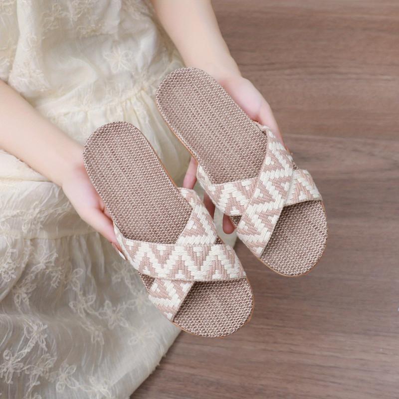 Women's Cross Strap Linen Slides Comfortable Open Toe Slip On Shoes