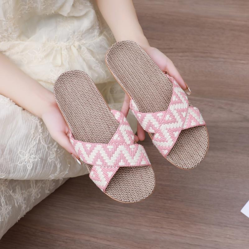 Women's Cross Strap Linen Slides Comfortable Open Toe Slip On Shoes