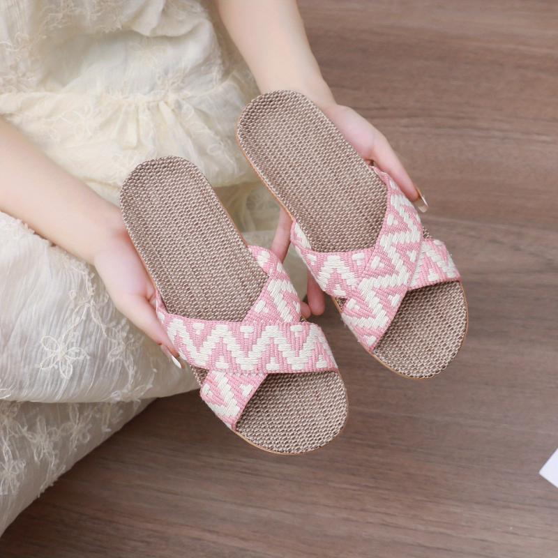 Women's Cross Strap Linen Slides Comfortable Open Toe Slip On Shoes