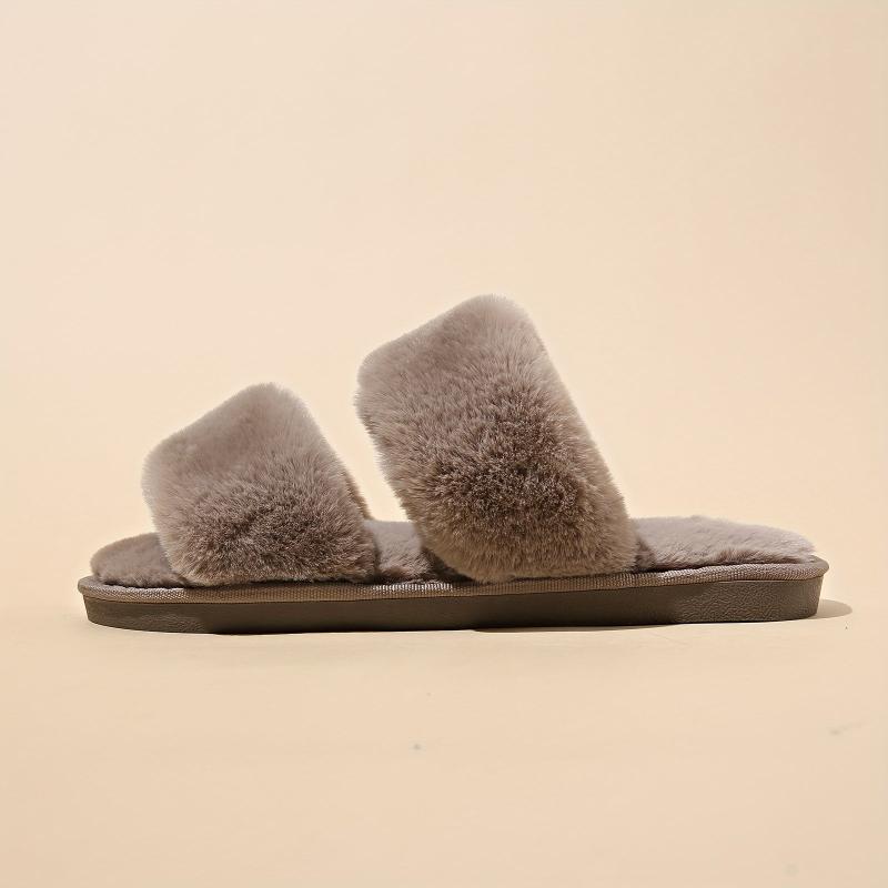 Women's Double Straps Flat Slippers Open Toe Solid Non Slip Fluffy Home Shoes