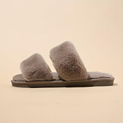 Women's Double Straps Flat Slippers Open Toe Solid Non Slip Fluffy Home Shoes
