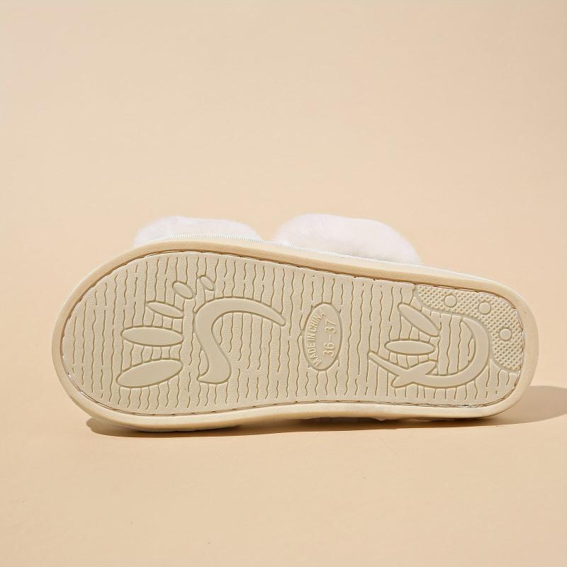 Women's Double Straps Flat Slippers Open Toe Solid Non Slip Fluffy Home Shoes