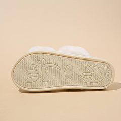 Women's Double Straps Flat Slippers Open Toe Solid Non Slip Fluffy Home Shoes