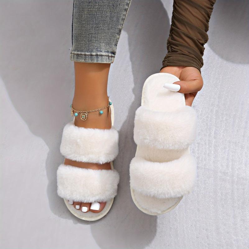 Women's Double Straps Flat Slippers Open Toe Solid Non Slip Fluffy Home Shoes