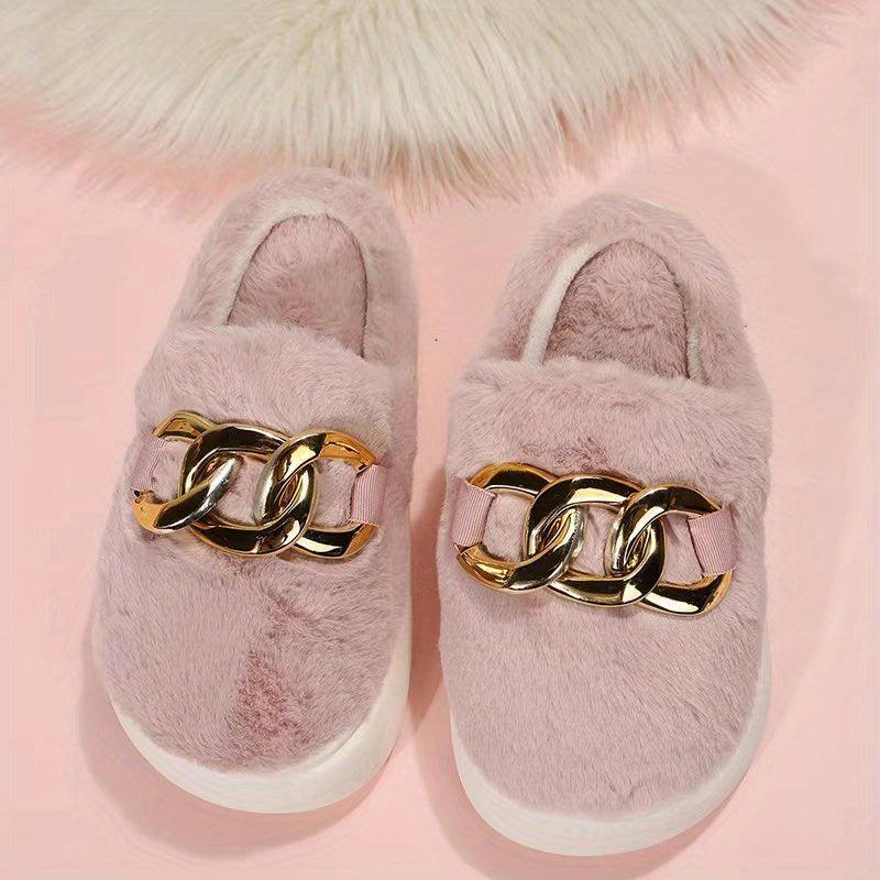 Women's Fluffy Platform Slippers with Chain Detail