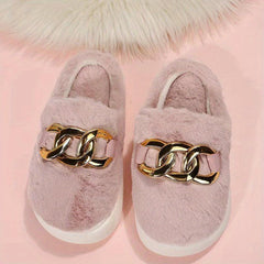 Women's Fluffy Platform Slippers with Chain Detail
