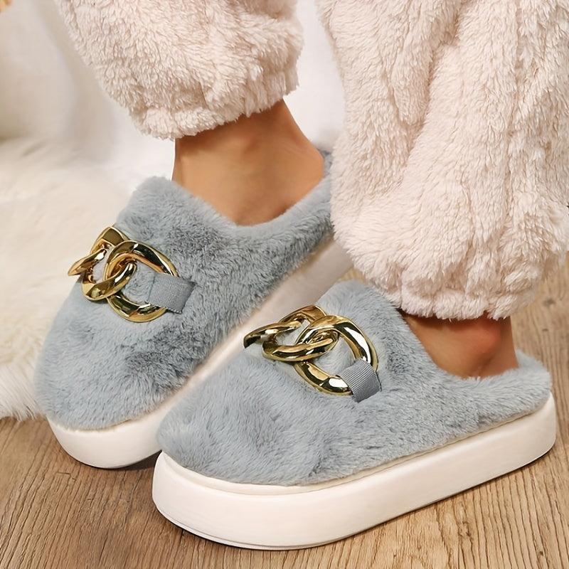 Women's Fluffy Platform Slippers with Chain Detail