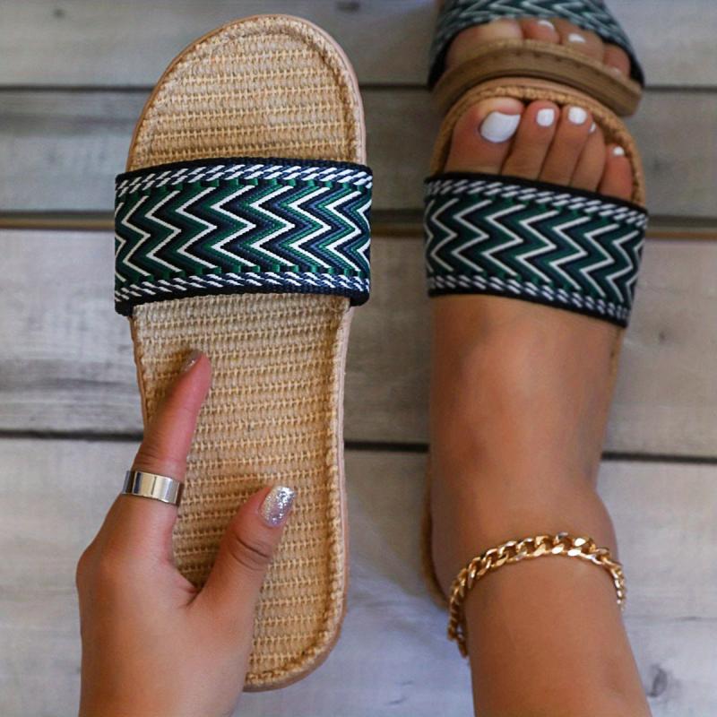 Women's Wave Striped Flat Linen Slides Open Toe Single Band Shoes