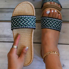 Women's Wave Striped Flat Linen Slides Open Toe Single Band Shoes