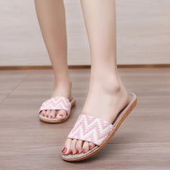 Women's Linen Chevron Pattern Slides Open Toe Slip On Shoes