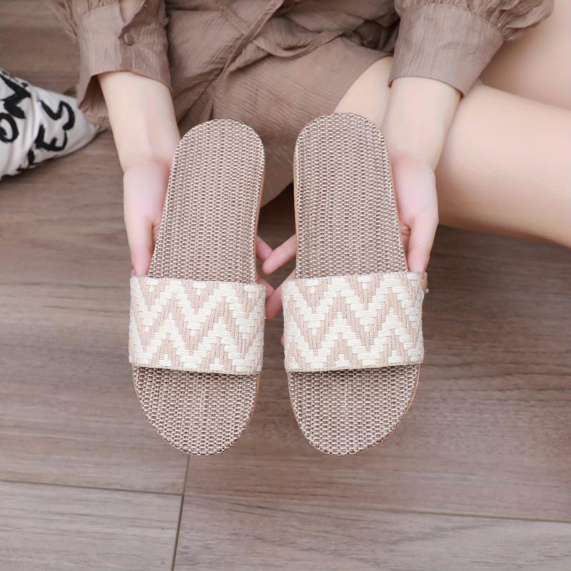 Women's Linen Chevron Pattern Slides Open Toe Slip On Shoes