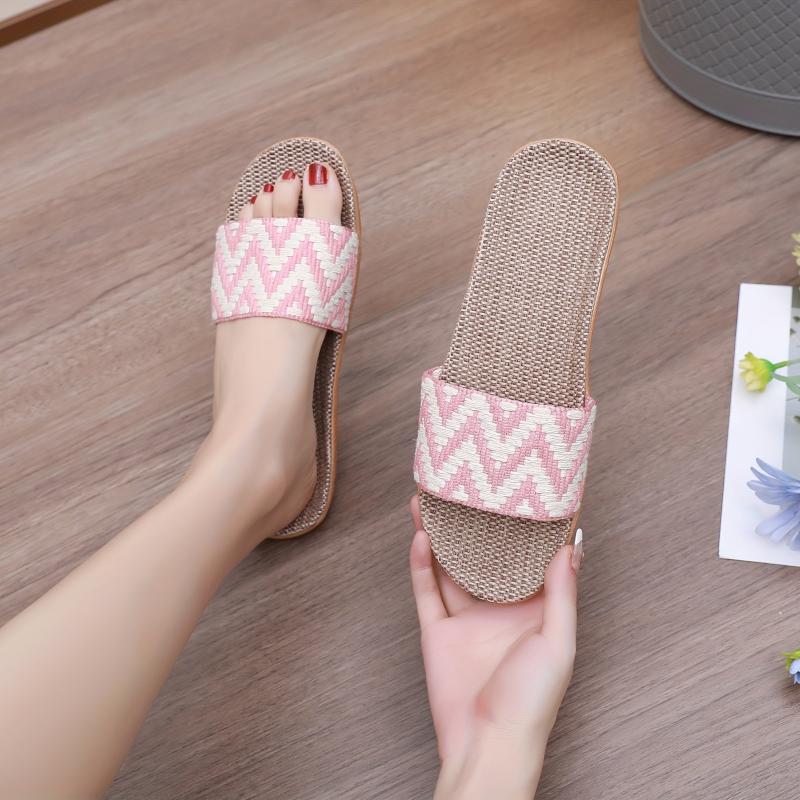 Women's Linen Chevron Pattern Slides Open Toe Slip On Shoes
