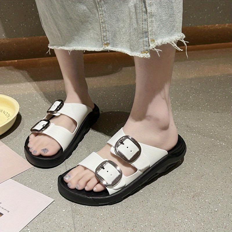 Women's Double Buckle Strap Slide Sandals Casual Flat Beach Slides