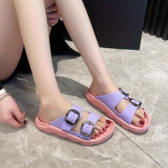 Women's Double Buckle Strap Slide Sandals Casual Flat Beach Slides
