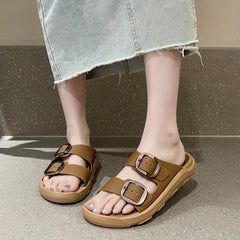 Women's Double Buckle Strap Slide Sandals Casual Flat Beach Slides