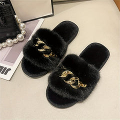 Women's Chain Decor Plush Slippers Faux Fur Indoor Warm Slip On