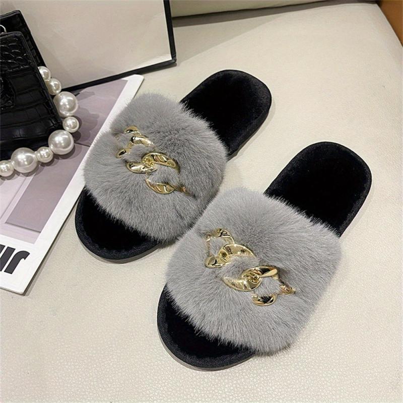 Women's Chain Decor Plush Slippers Faux Fur Indoor Warm Slip On