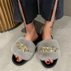 Women's Chain Decor Plush Slippers Faux Fur Indoor Warm Slip On