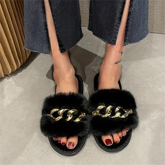 Women's Chain Decor Plush Slippers Faux Fur Indoor Warm Slip On