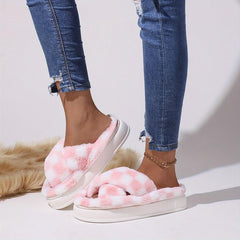 Plaid Pattern Fuzzy Slippers Slide Sandals